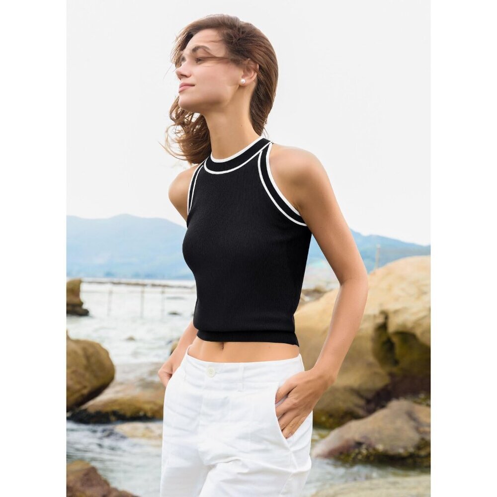 Women Summer Ribbed Crop Tank Top Sleeveless High Neck Casual Fashion - Picture 2 of 6